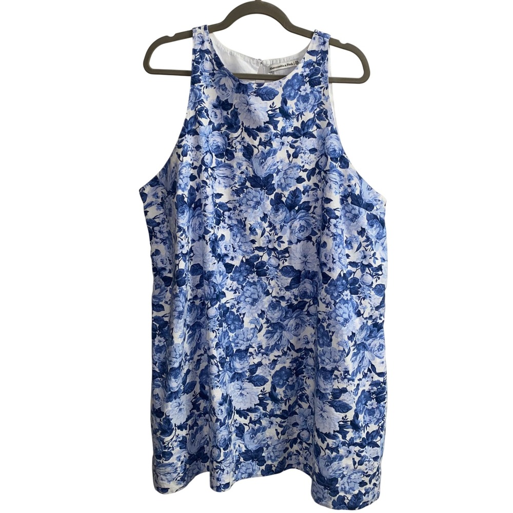 Abercrombie & Fitch Blue White Floral Linen‎ Blend Shift Dress XXL Halter Toile